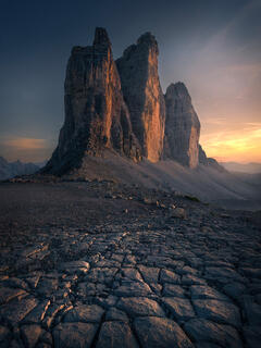 Tre Cime in Dolomites at sunset